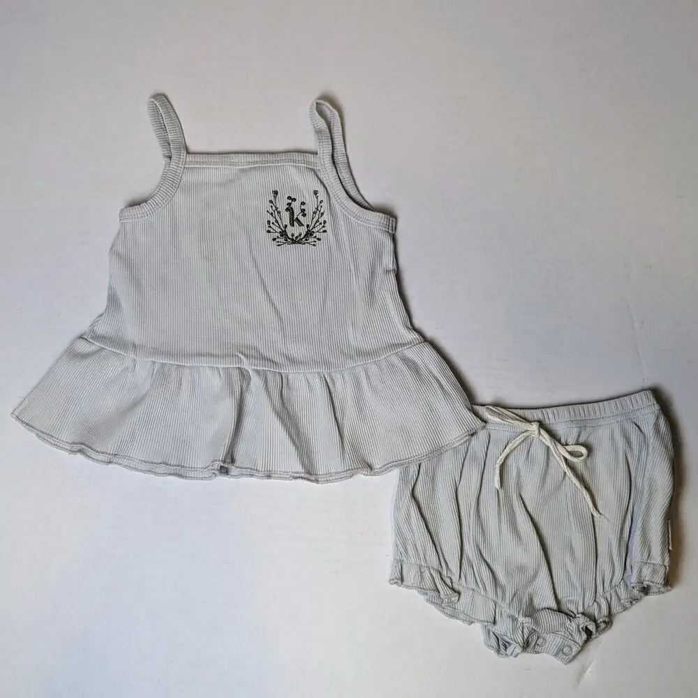 Karibou Ruby Cotton Rib Tank Top & Bloomer Set Size 1 Year Sky Blue Embroidered